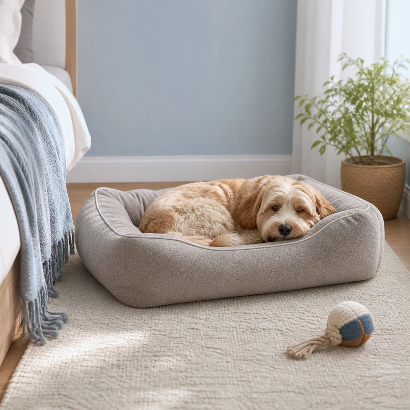 Dog in a soft bolster bed